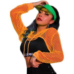 🆕Women’s Orange Mesh Hoodie Crop Top Long Sleeve Fishnet Shirt Casual Hoodie